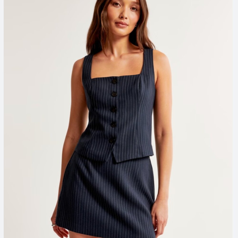 Abercrombie & Fitch Mara Tailored Vest Squareneck Set Top Navy Stripe L
